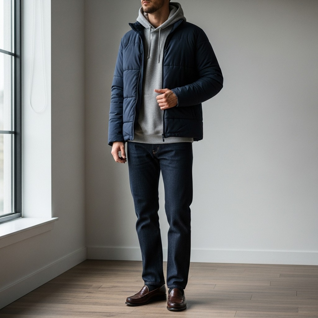 Puffer, Hoodie, Jeans - 50 Penny Loafer Outfits For Men