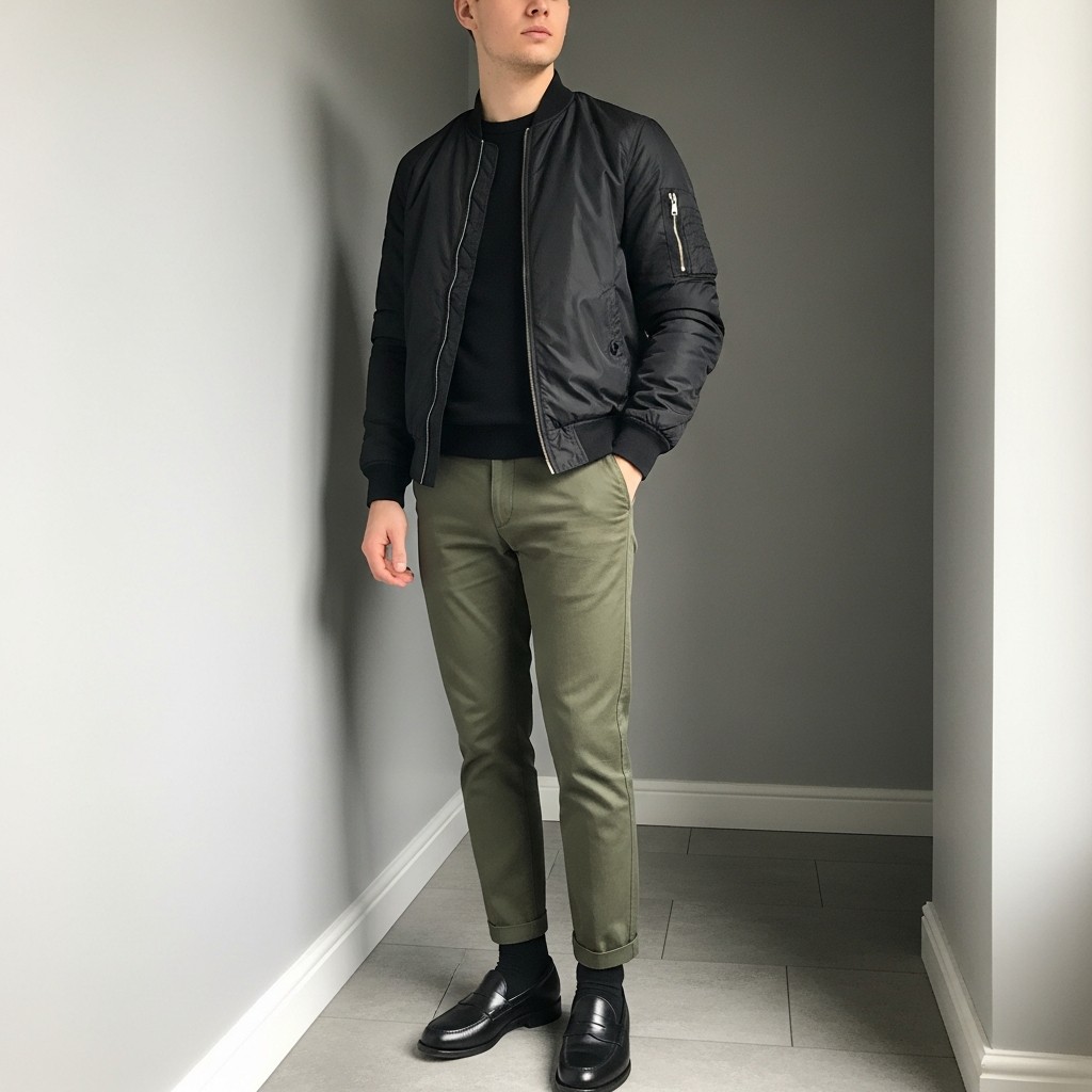 Bomber and Olive Chinos - 50 Penny Loafer Outfits For Men