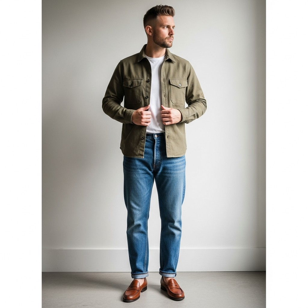 Overshirt, Tee, Relaxed Denim - 50 Penny Loafer Outfits For Men