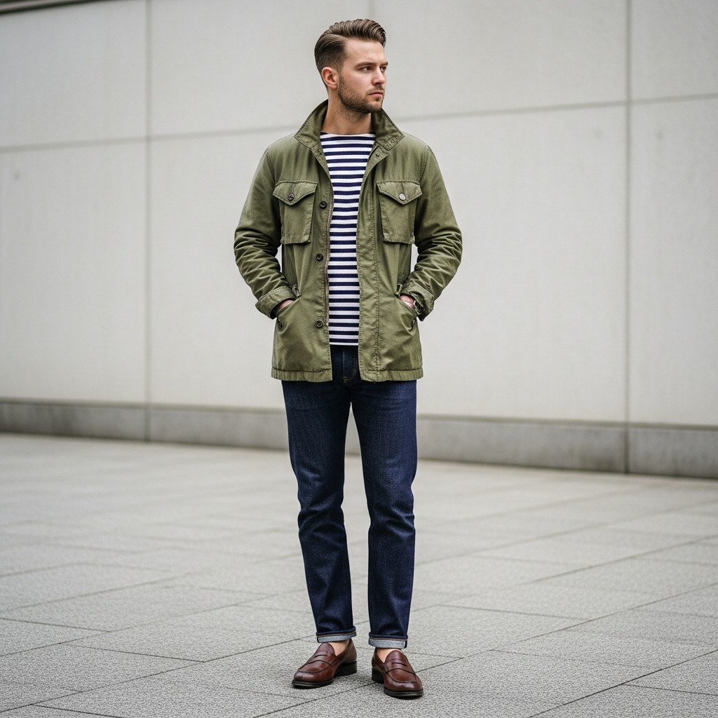 Field Jacket and Breton Tee - 50 Penny Loafer Outfits For Men