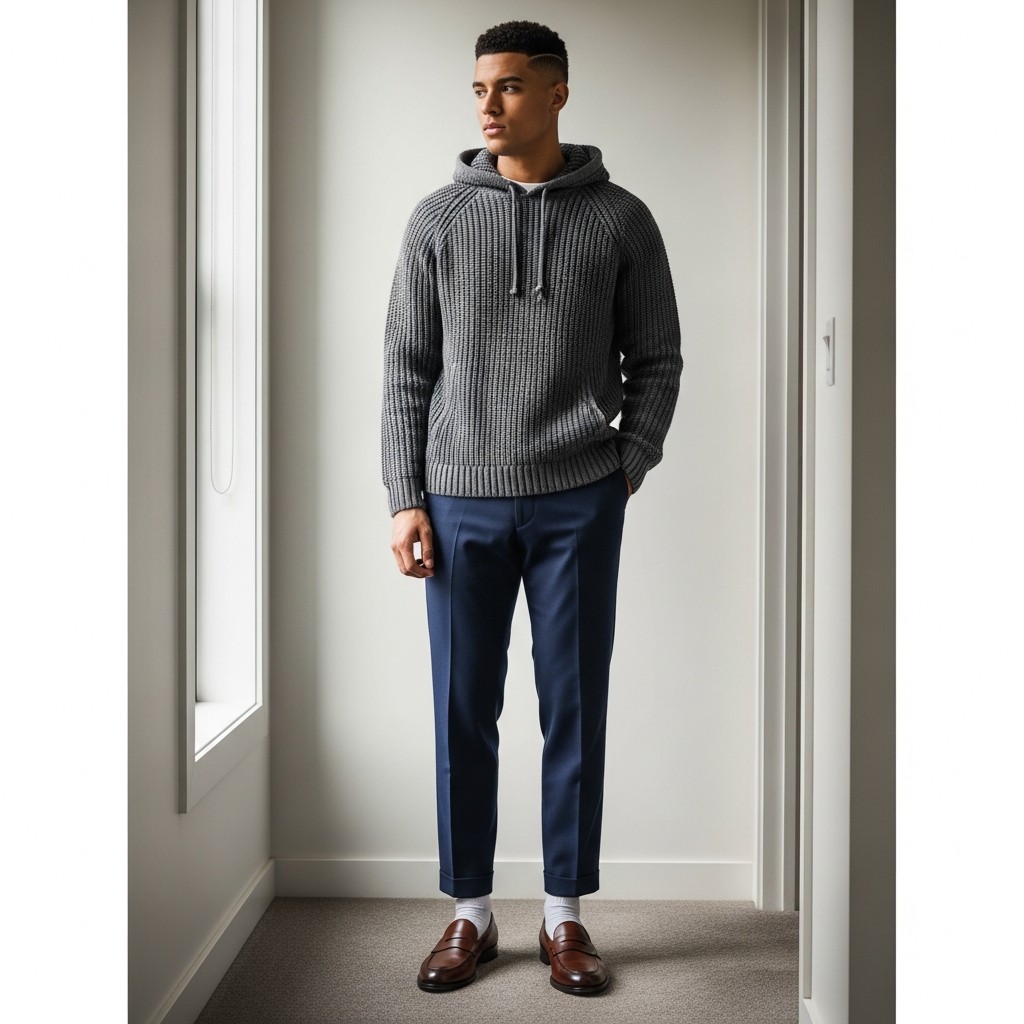 Knit Hoodie, Tapered Pants - 50 Penny Loafer Outfits For Men