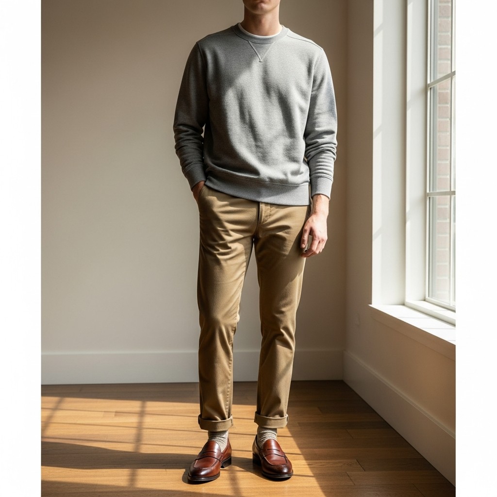 Sweatshirt and Cuffed Chinos - 50 Penny Loafer Outfits For Men
