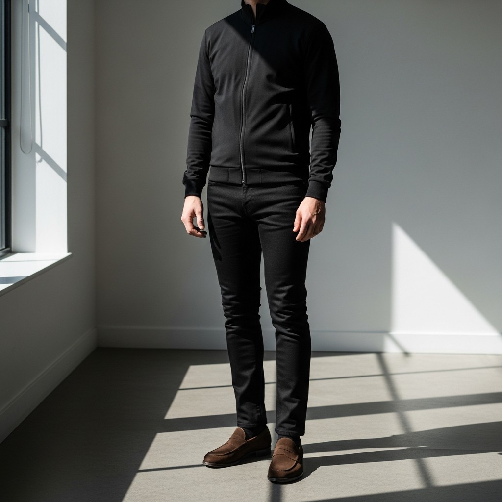 Track Jacket, Slim Black Jeans - 50 Penny Loafer Outfits For Men