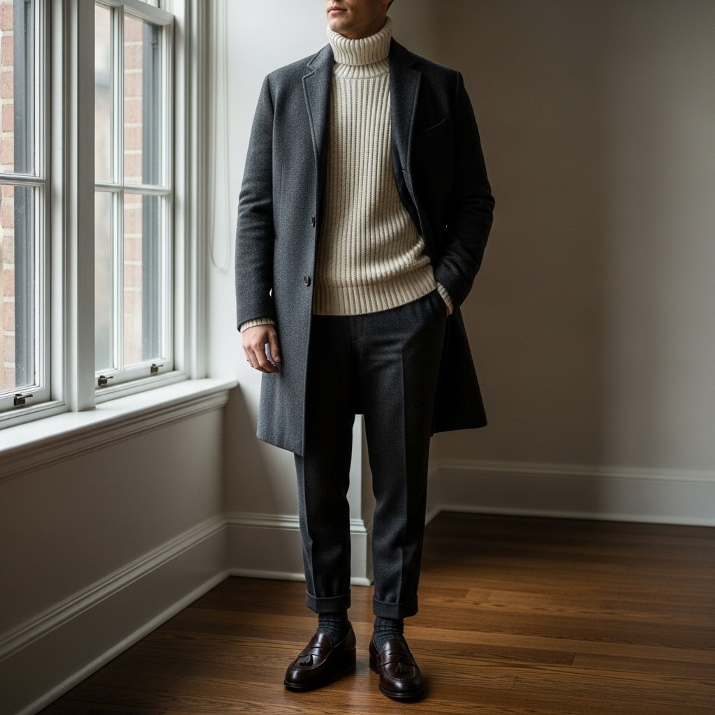 Roll-Neck and Winter Coat - 50 Penny Loafer Outfits For Men
