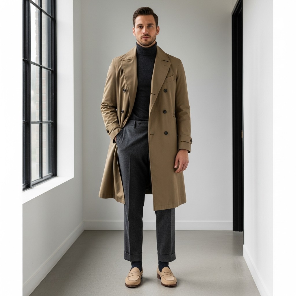 Trench Coat Layering - 50 Penny Loafer Outfits For Men