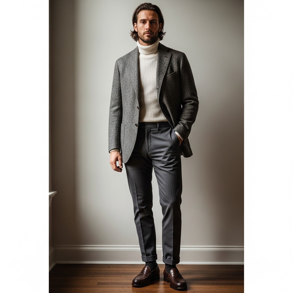 Wool Blazer, Turtleneck, Chinos - 50 Penny Loafer Outfits For Men