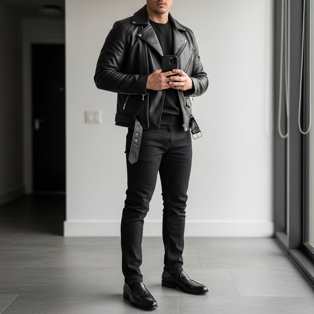 Leather Jacket, Black Denim - 50 Penny Loafer Outfits For Men