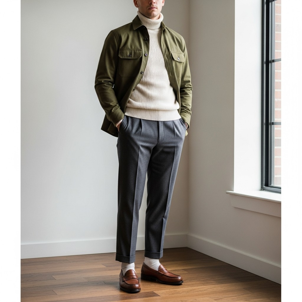Shacket, Roll-Neck, Tailored Joggers - 50 Penny Loafer Outfits For Men