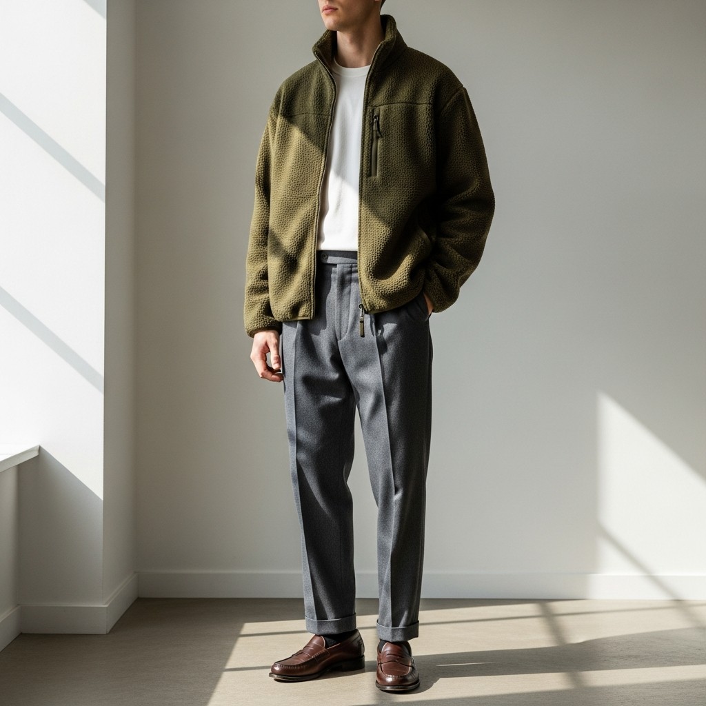 Fleece Jacket, Relaxed Trousers - 50 Penny Loafer Outfits For Men