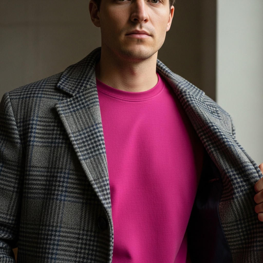 Fuchsia Under Plaid Coat - 50 Ways to Wear a Pink Shirt (Practical Style Guide)