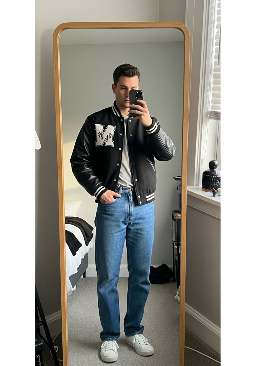 Varsity Jacket Sporty - Blue Jeans Outfit Ideas for Men