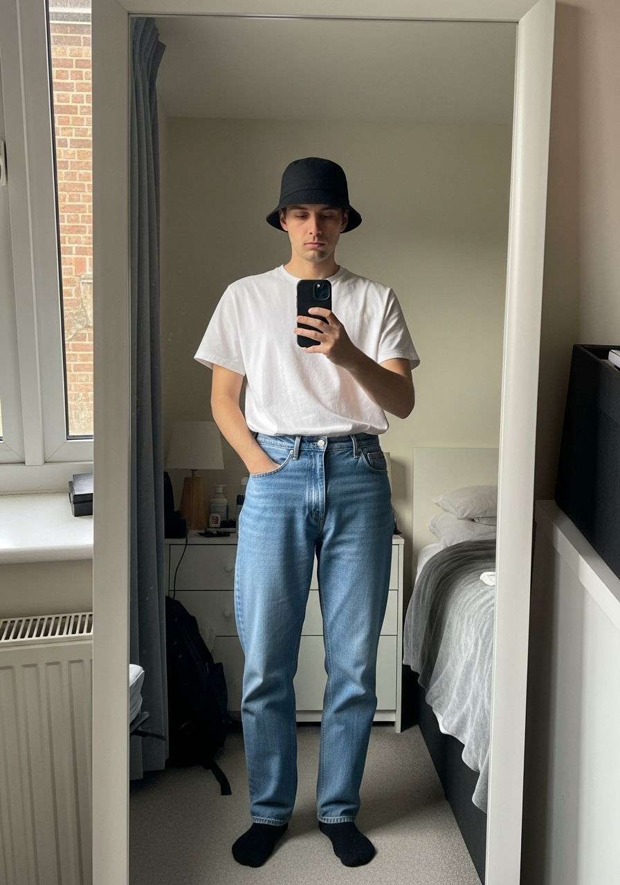 Bucket Hat Washed Jeans - Blue Jeans Outfit Ideas for Men