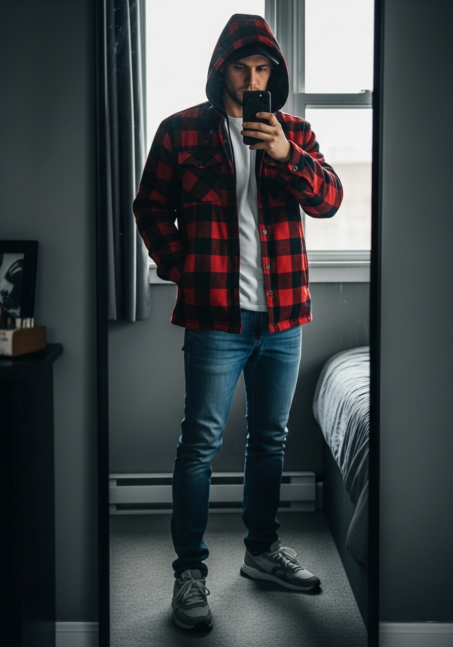 Hooded Flannel Layer - Blue Jeans Outfit Ideas for Men