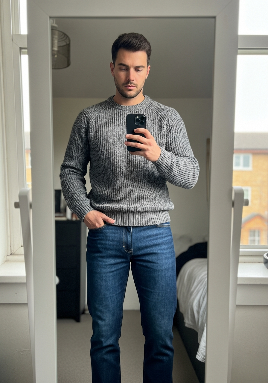 Grey Knit Sweater - Blue Jeans Outfit Ideas for Men