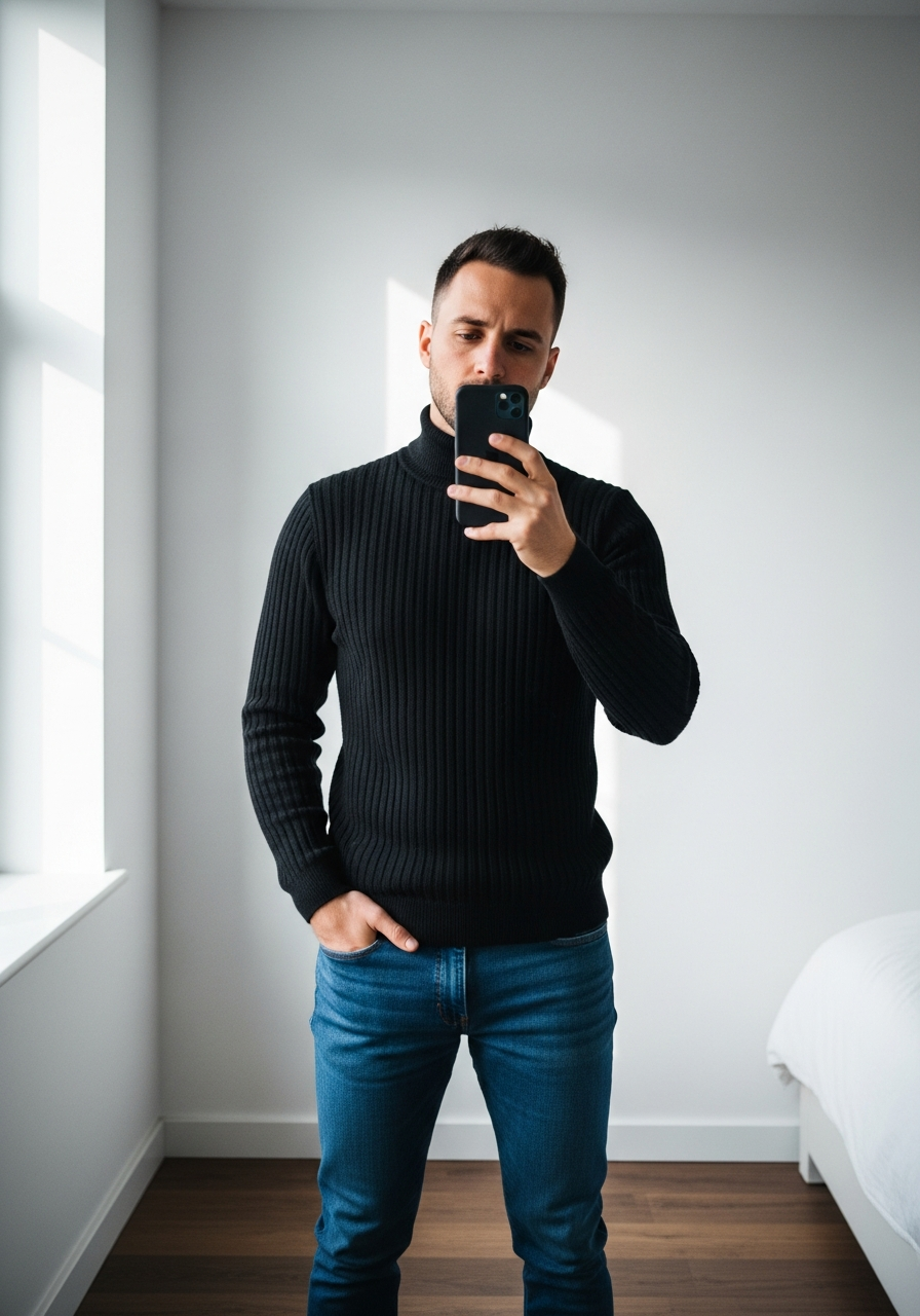 Black Turtleneck Sleek - Blue Jeans Outfit Ideas for Men