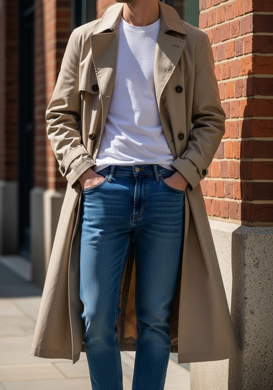 Beige Trench Coat - Blue Jeans Outfit Ideas for Men