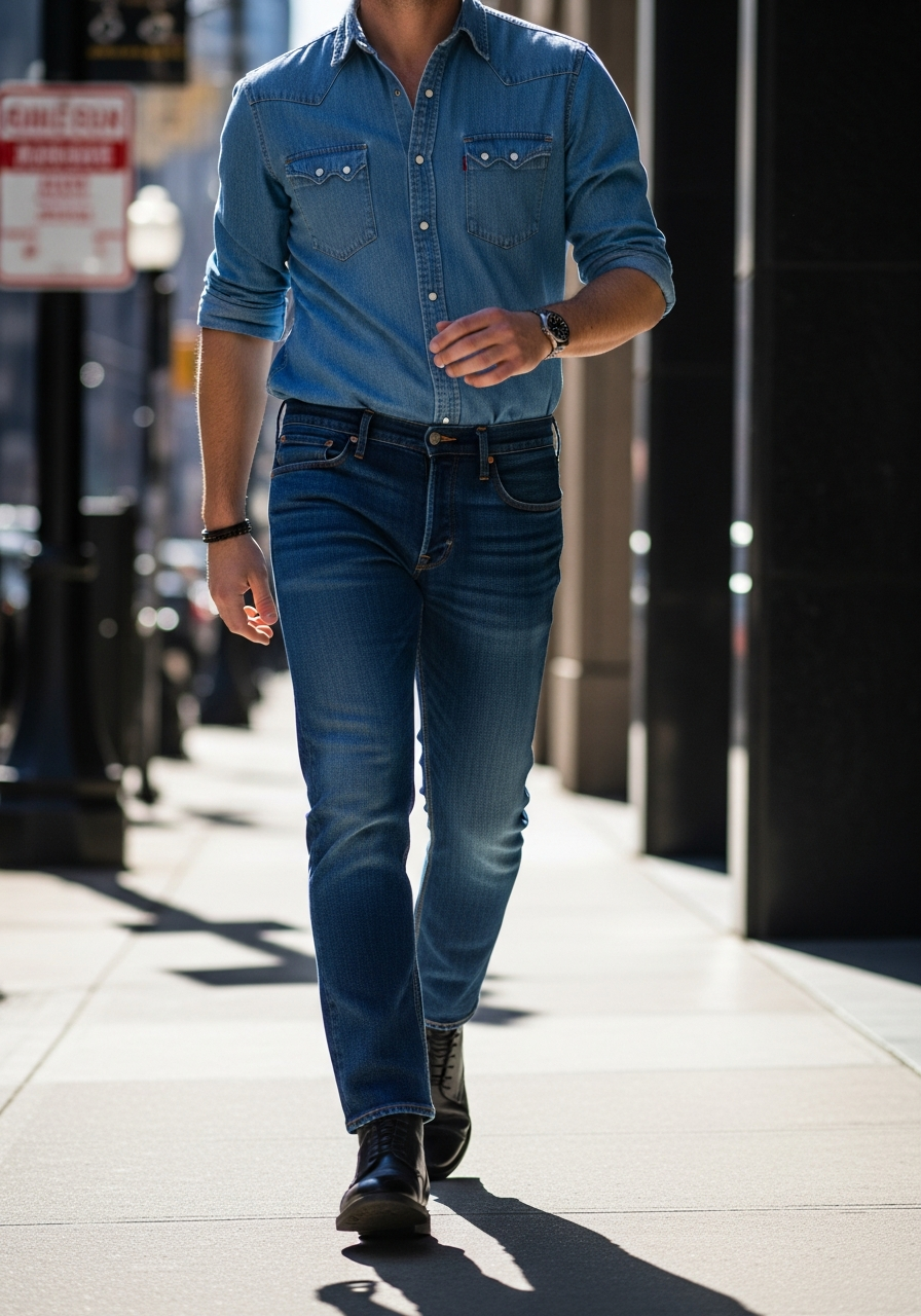 Chambray Shirt Denim - Blue Jeans Outfit Ideas for Men