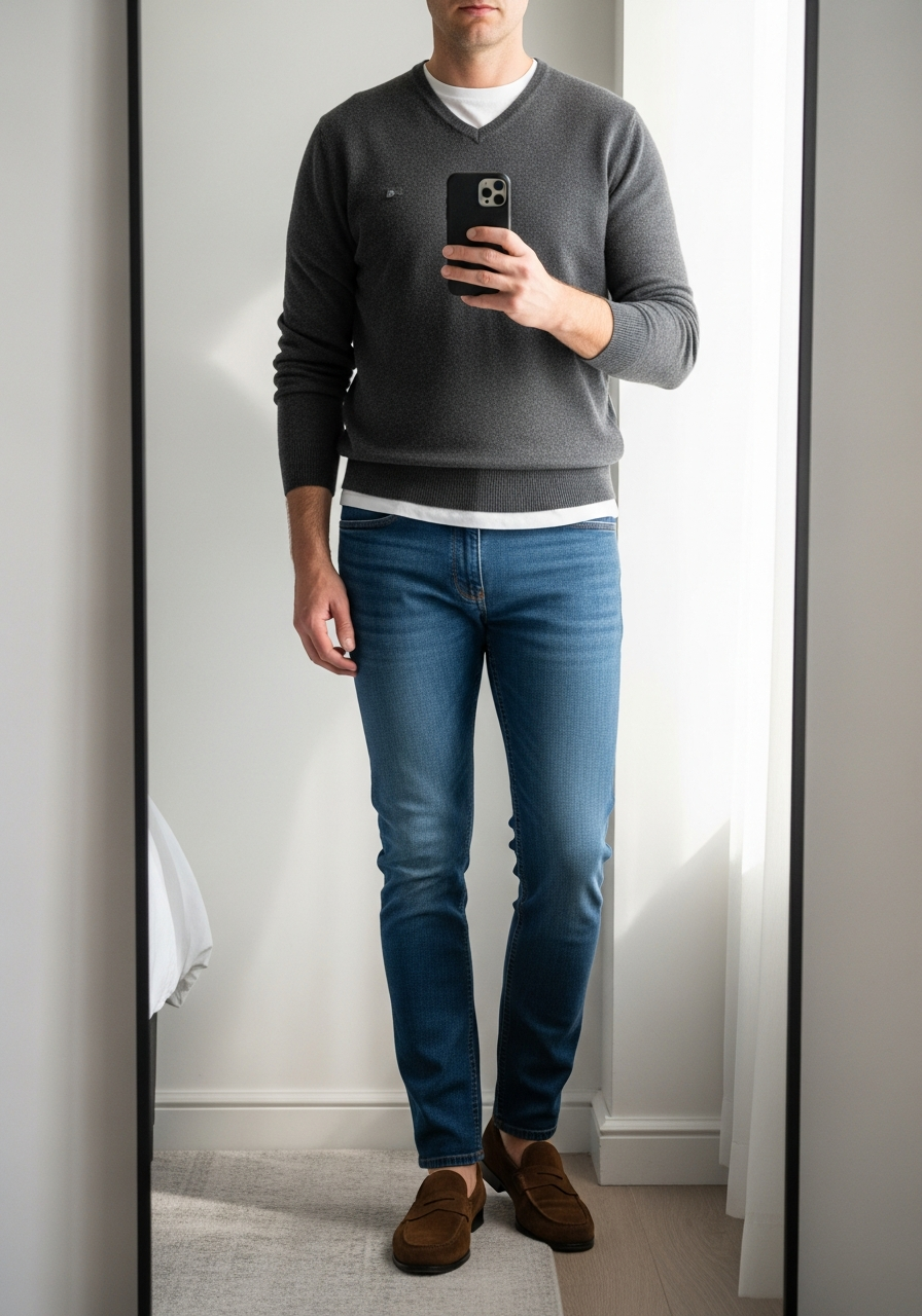 V-Neck Sweater Dark - Blue Jeans Outfit Ideas for Men