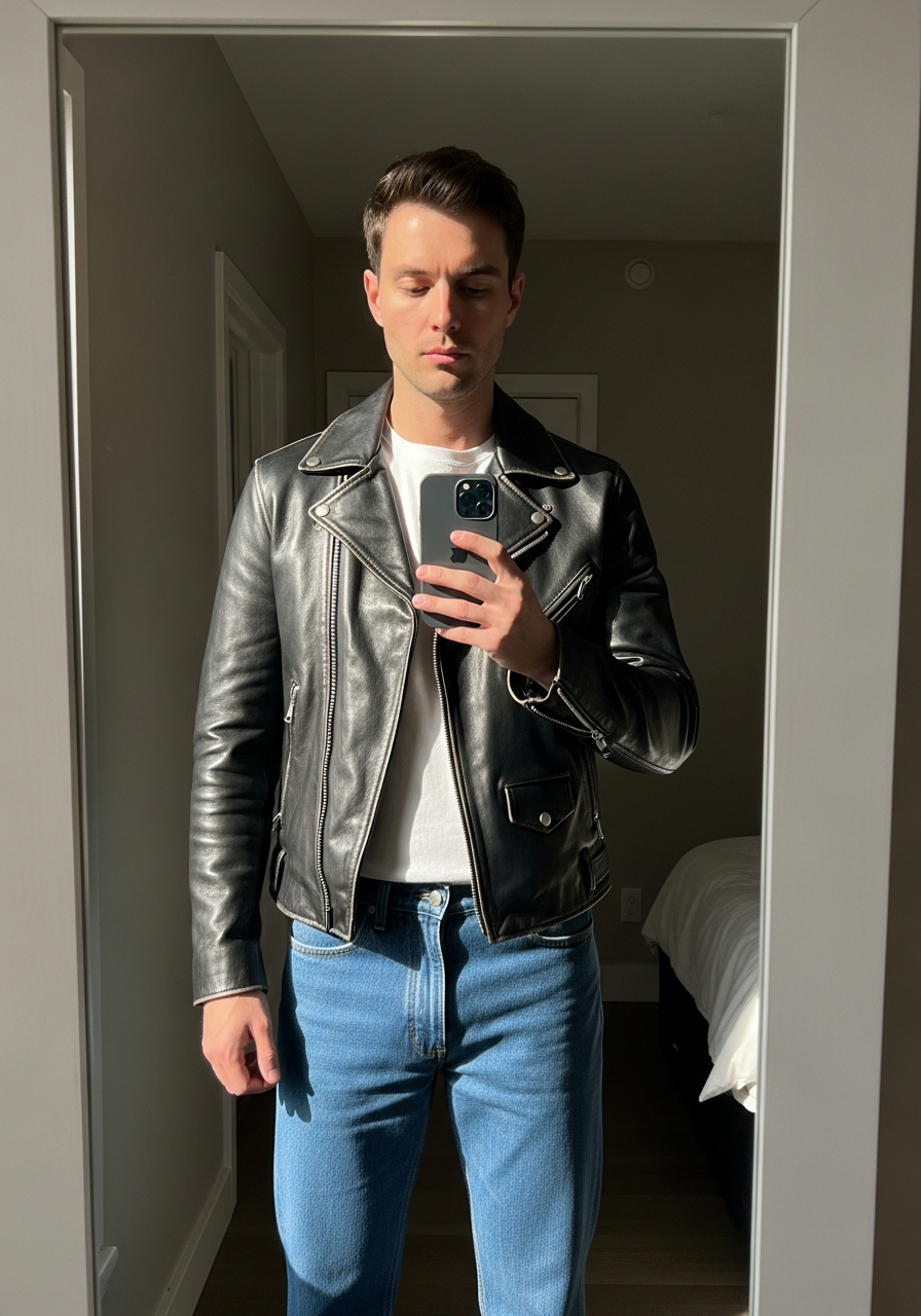 Leather Jacket Tough - Blue Jeans Outfit Ideas for Men