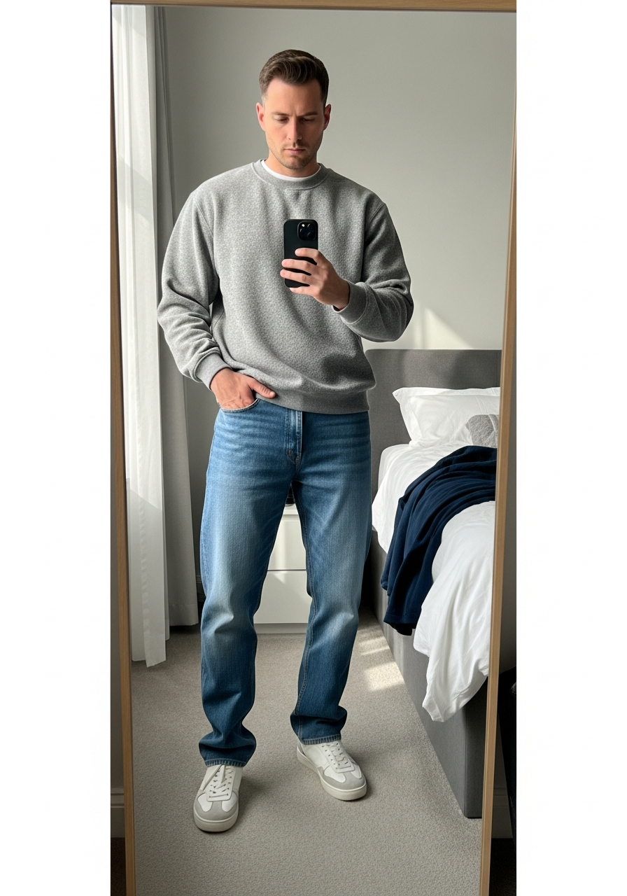 Grey Sweatshirt Comfort - Blue Jeans Outfit Ideas for Men