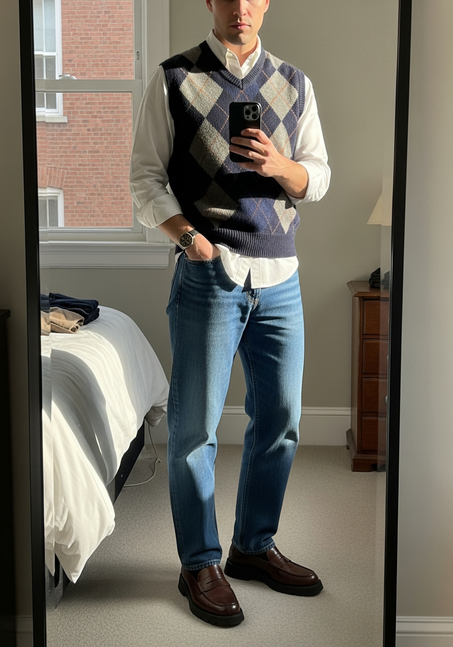 Sweater Vest Preppy - Blue Jeans Outfit Ideas for Men