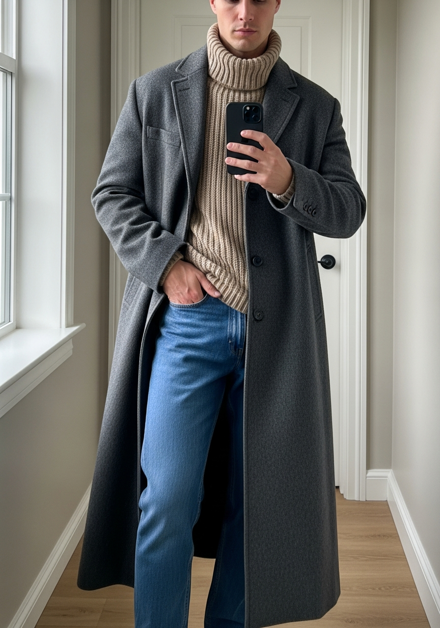 Long Coat Turtleneck - Blue Jeans Outfit Ideas for Men