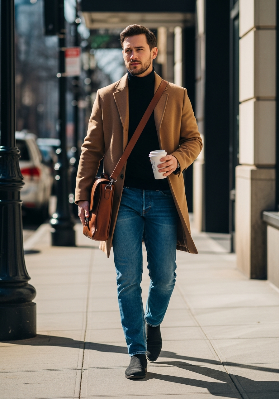 Neutral Coat Timeless - Blue Jeans Outfit Ideas for Men