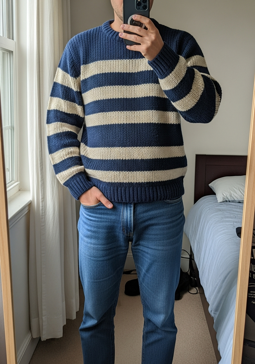 Striped Knit Sweater - Blue Jeans Outfit Ideas for Men