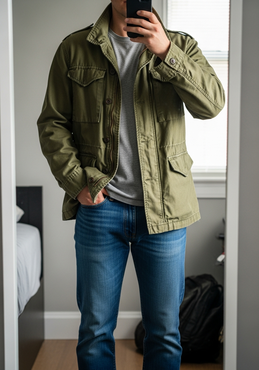 Olive Utility Jacket - Blue Jeans Outfit Ideas for Men