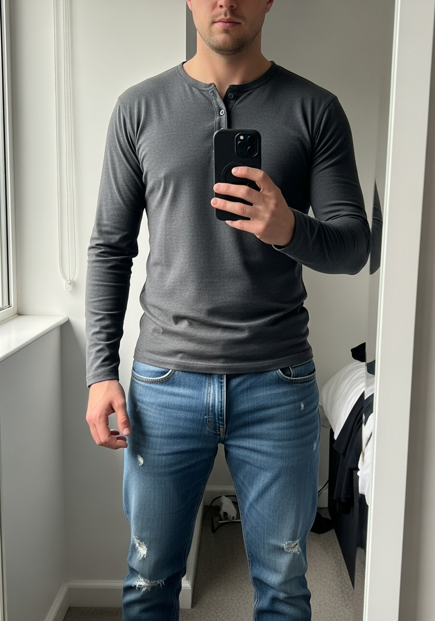 Henley Shirt and Distressed - Blue Jeans Outfit Ideas for Men