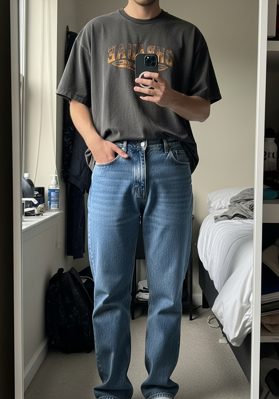 Graphic Tee Retro Look - Blue Jeans Outfit Ideas for Men