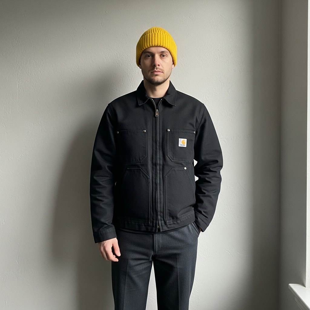Pop of Beanie Color - Carhartt Jacket Outfit Ideas For Men