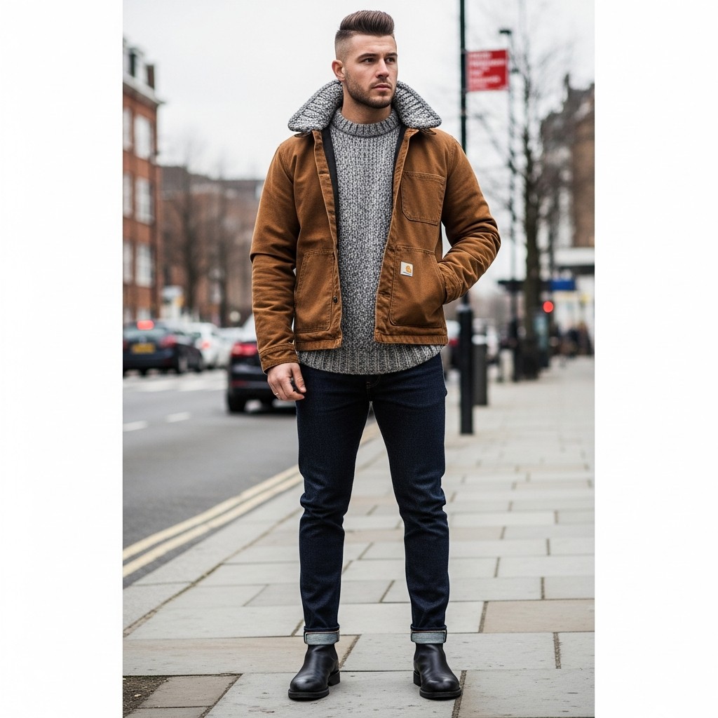 Sweater and Tapered Denim - Carhartt Jacket Outfit Ideas For Men