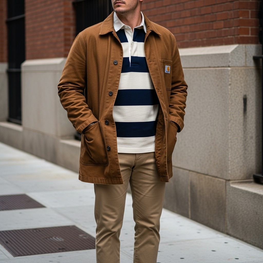 Chore Coat + Rugby Shirt - Carhartt Jacket Outfit Ideas For Men