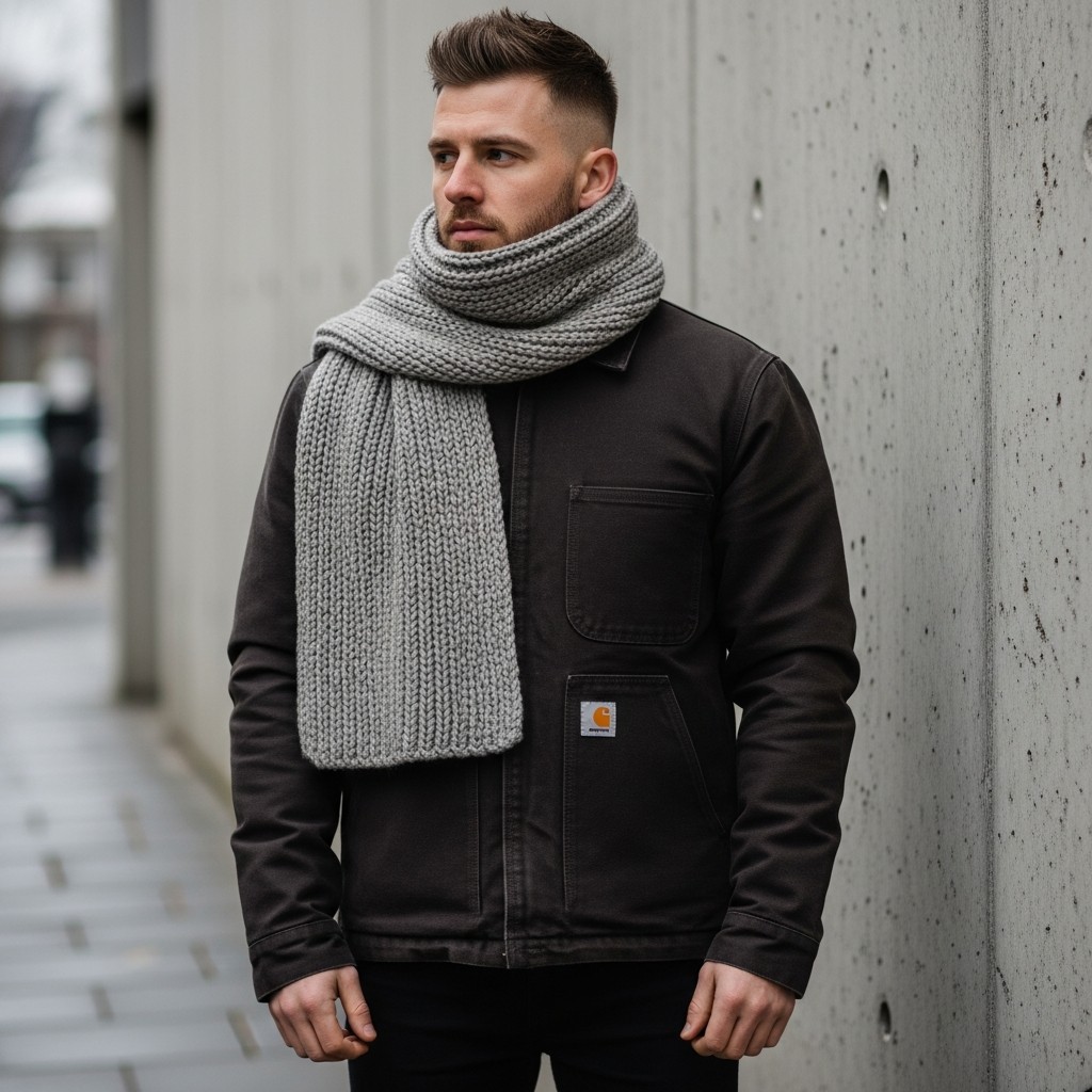 Jacket + Knit Scarf - Carhartt Jacket Outfit Ideas For Men