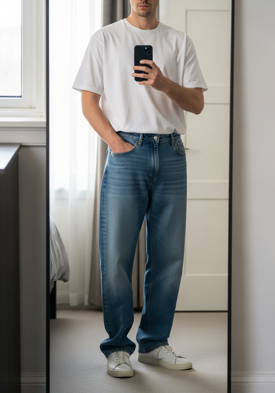 White Tee and Sneakers - Loose Jeans Outfit Men: 50 Ways To Wear Them