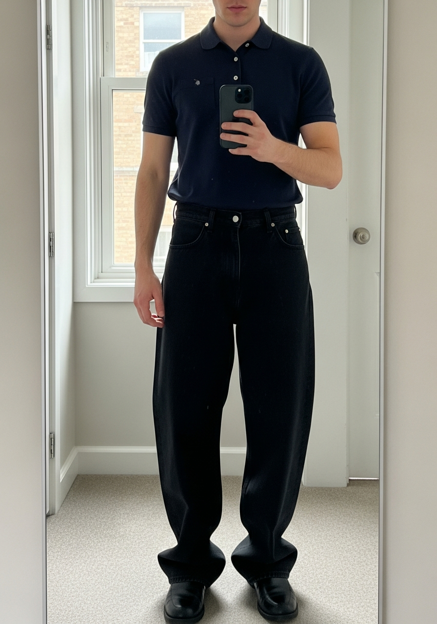 Navy Polo, Black Denim - Loose Jeans Outfit Men: 50 Ways To Wear Them