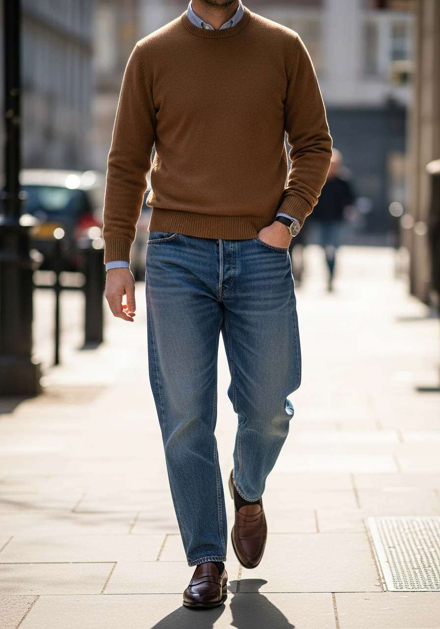 Camel Sweater Polish - Loose Jeans Outfit Men: 50 Ways To Wear Them