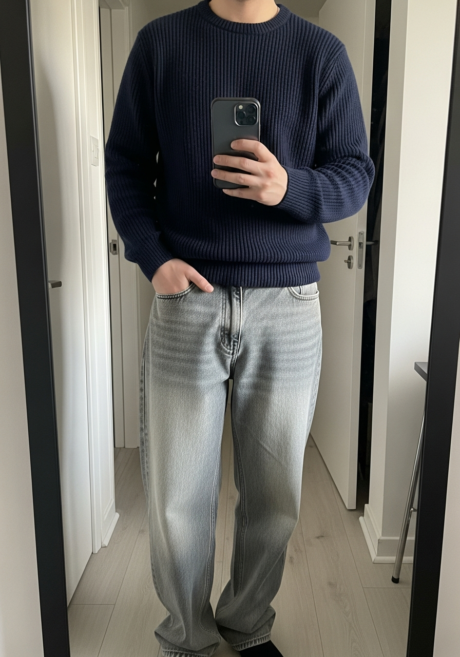 Navy Sweater Contrast - Loose Jeans Outfit Men: 50 Ways To Wear Them
