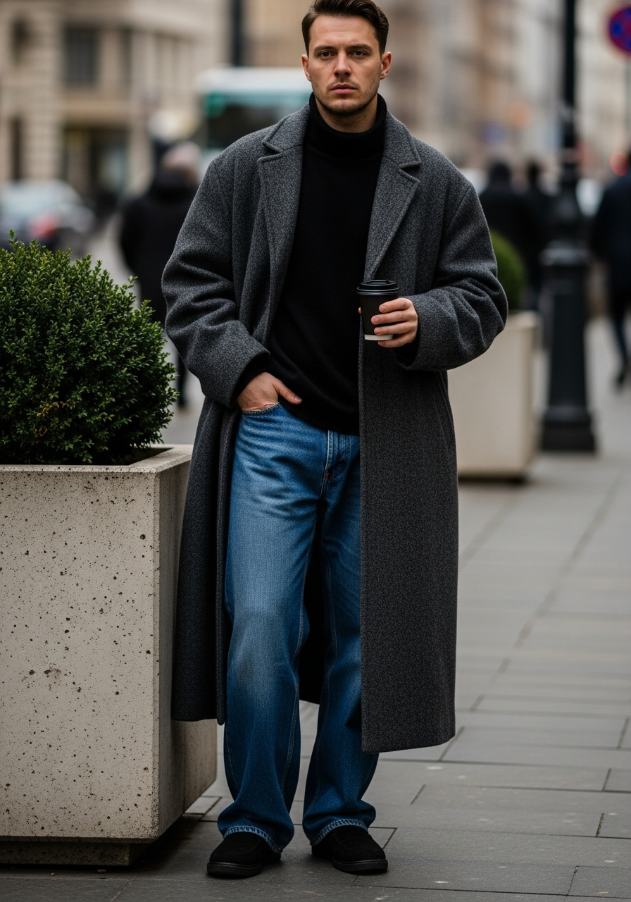 Winter Coat and Turtleneck - Loose Jeans Outfit Men: 50 Ways To Wear Them