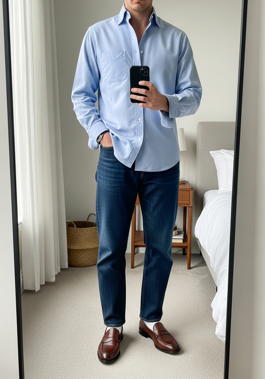 Loafers and Oxford Shirt - Loose Jeans Outfit Men: 50 Ways To Wear Them