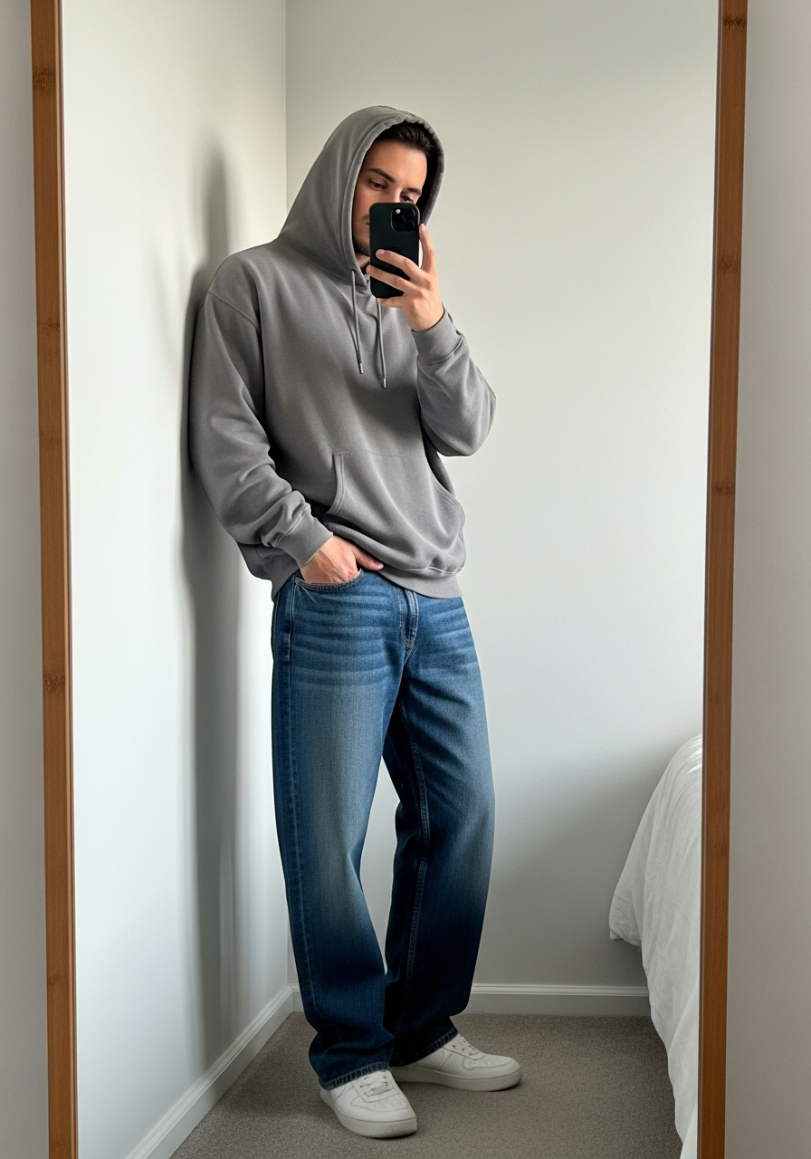 Dark Jeans, Gray Hoodie - Loose Jeans Outfit Men: 50 Ways To Wear Them