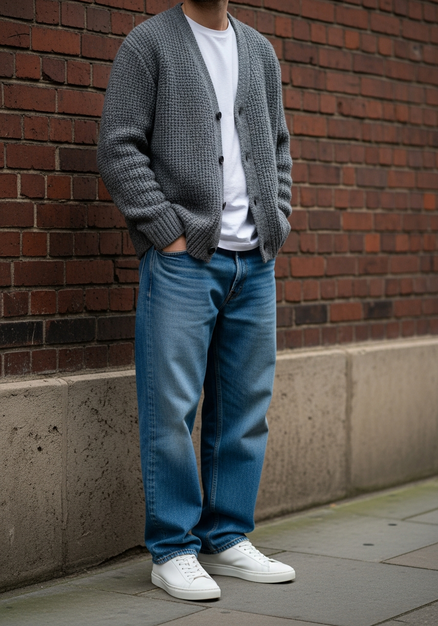 Cardigan and Clean Kicks - Loose Jeans Outfit Men: 50 Ways To Wear Them