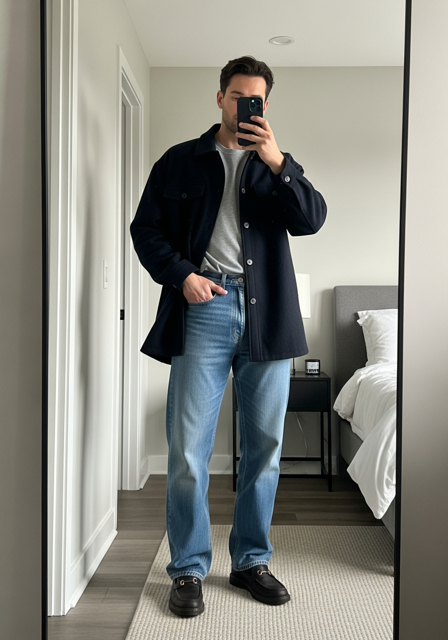 Shacket and Basic Tee - Loose Jeans Outfit Men: 50 Ways To Wear Them