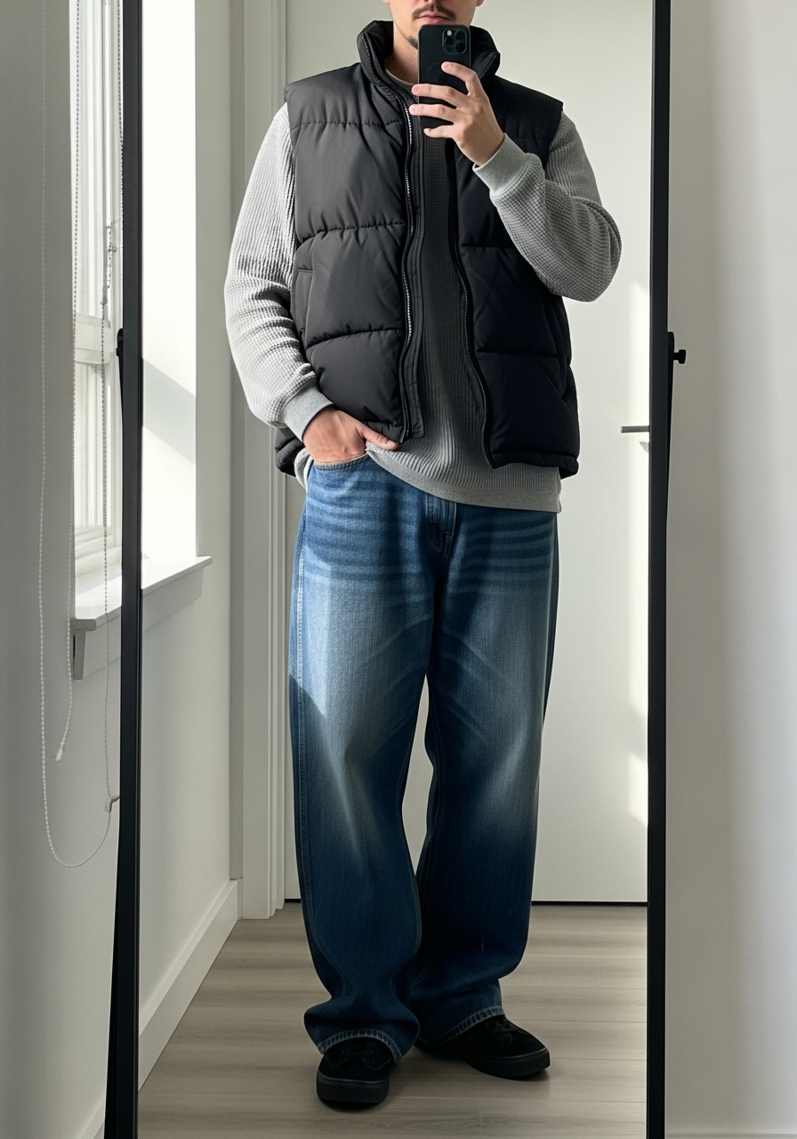 Thermal and Puffer Vest - Loose Jeans Outfit Men: 50 Ways To Wear Them