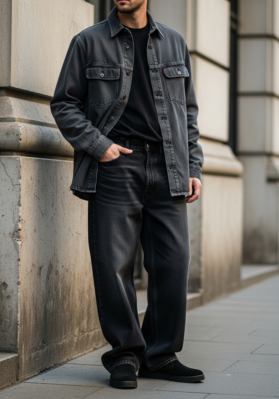 Tonal Denim Overshirt - Loose Jeans Outfit Men: 50 Ways To Wear Them