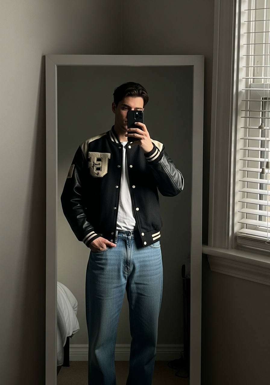 Varsity Jacket Street - Loose Jeans Outfit Men: 50 Ways To Wear Them