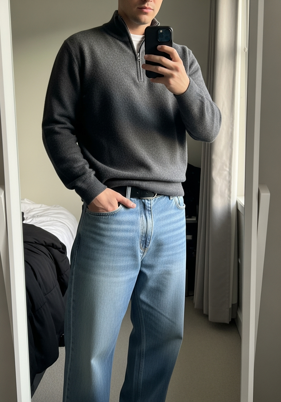 Quarter-Zip Sweater - Loose Jeans Outfit Men: 50 Ways To Wear Them