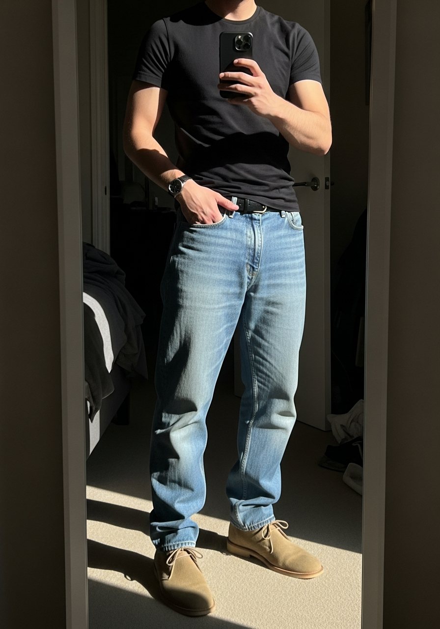 Black Tee and Desert Boots - Loose Jeans Outfit Men: 50 Ways To Wear Them