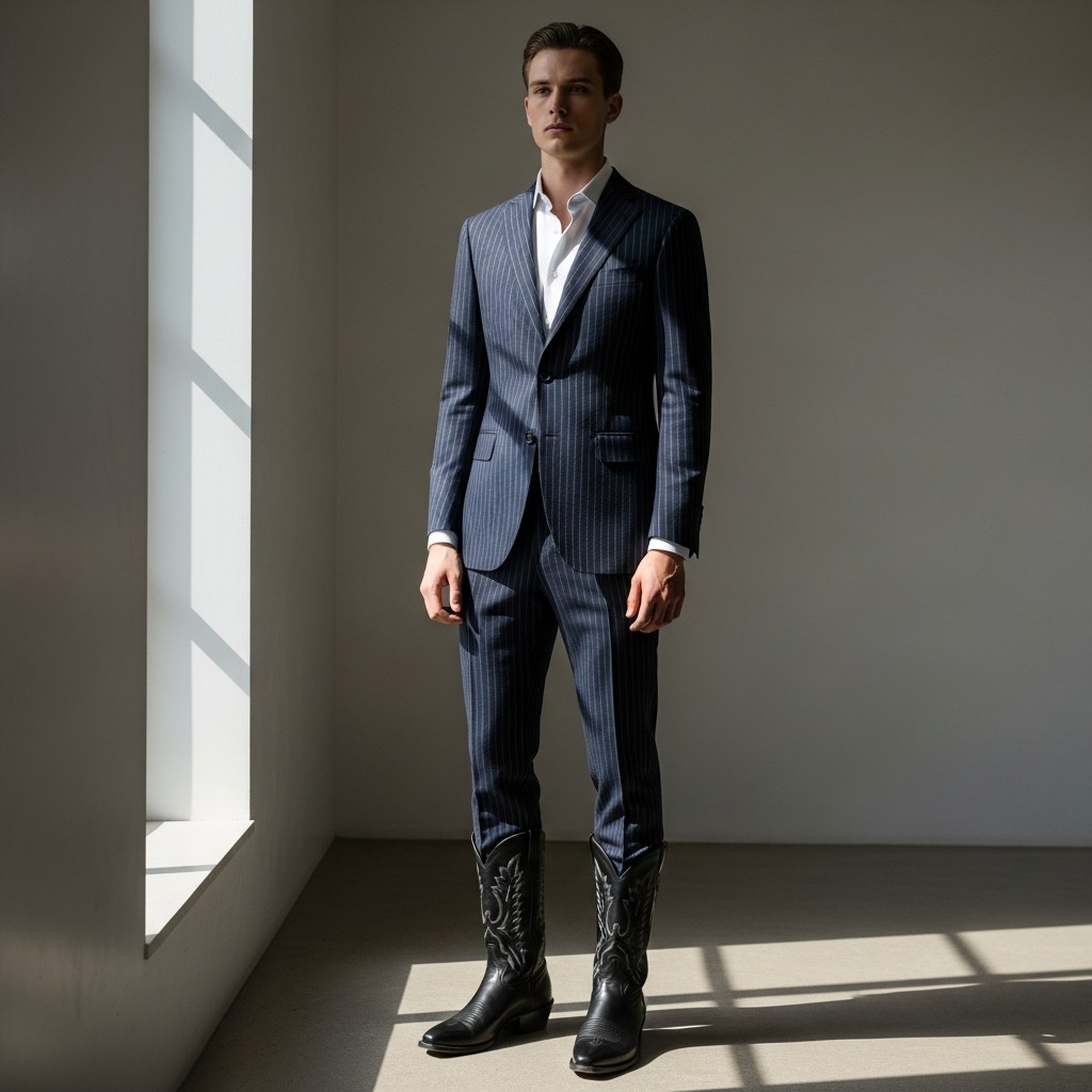 Pin Striped Suit + Boots - Formal Western Style: 40 Outfit Ideas